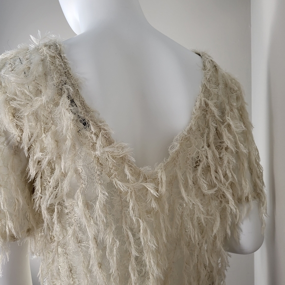 Zara short sleeve shirt cream faux feather sheer with lower back Opening Sz XS - Picture 8 of 11